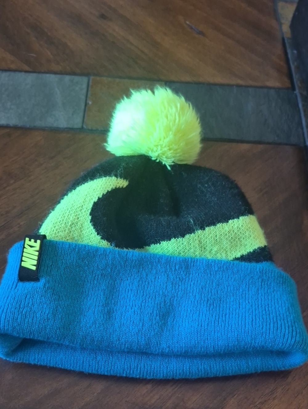 Nike Beanie Hat in Blue and Neon Yellow with Pom